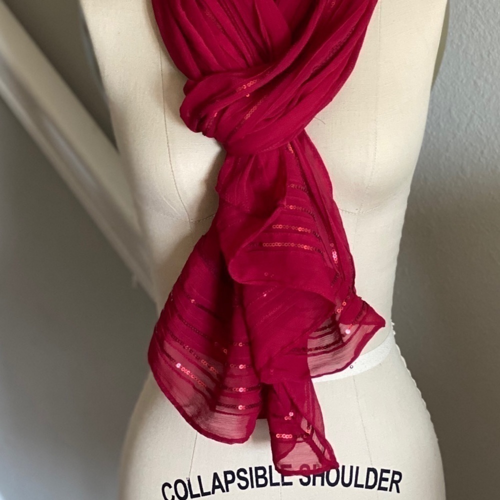 Michael Stars Red Chiffon Scarf Sequin Trim - Picture 5 of 5